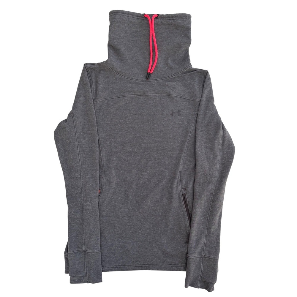Under Armour Womens Funnel Neck Pullover Sweatshirt Gray Pink‎ Drawstring Medium